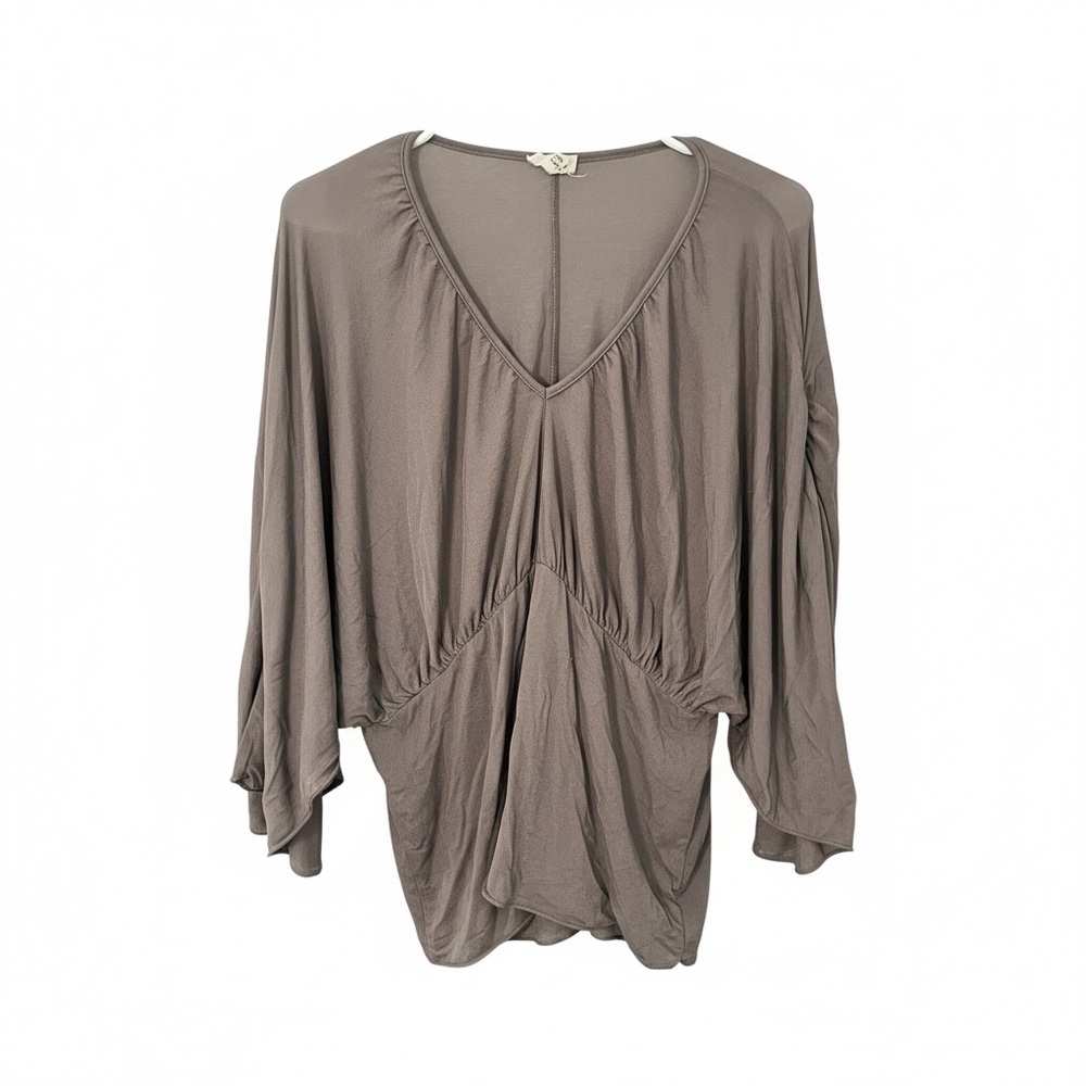 POL Womens Taupe Solid Casual V-neck Bat Sleeve Blouse Sz M Stretch Boho Western